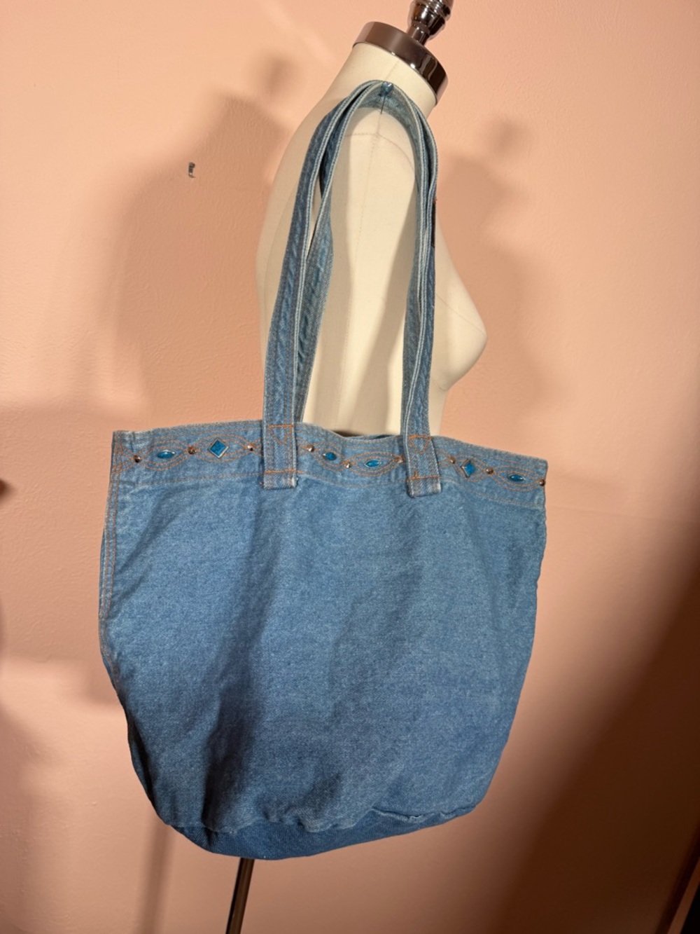 Vintage 1980’s Denim Southwestern Studded Festival Bucket Tote Bag - Picture 16 of 17